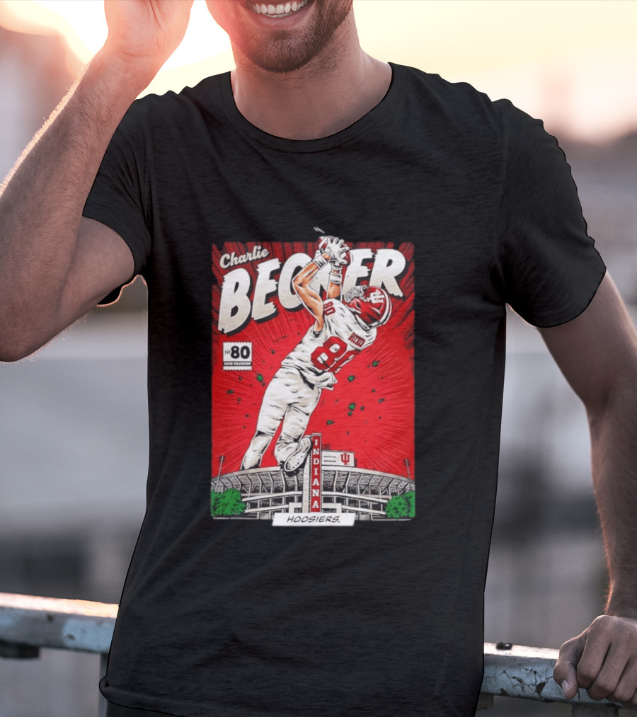 Charlie Becker Indiana Hoosiers No 80 Football Catch Comic Stadium Scene T-Shirt