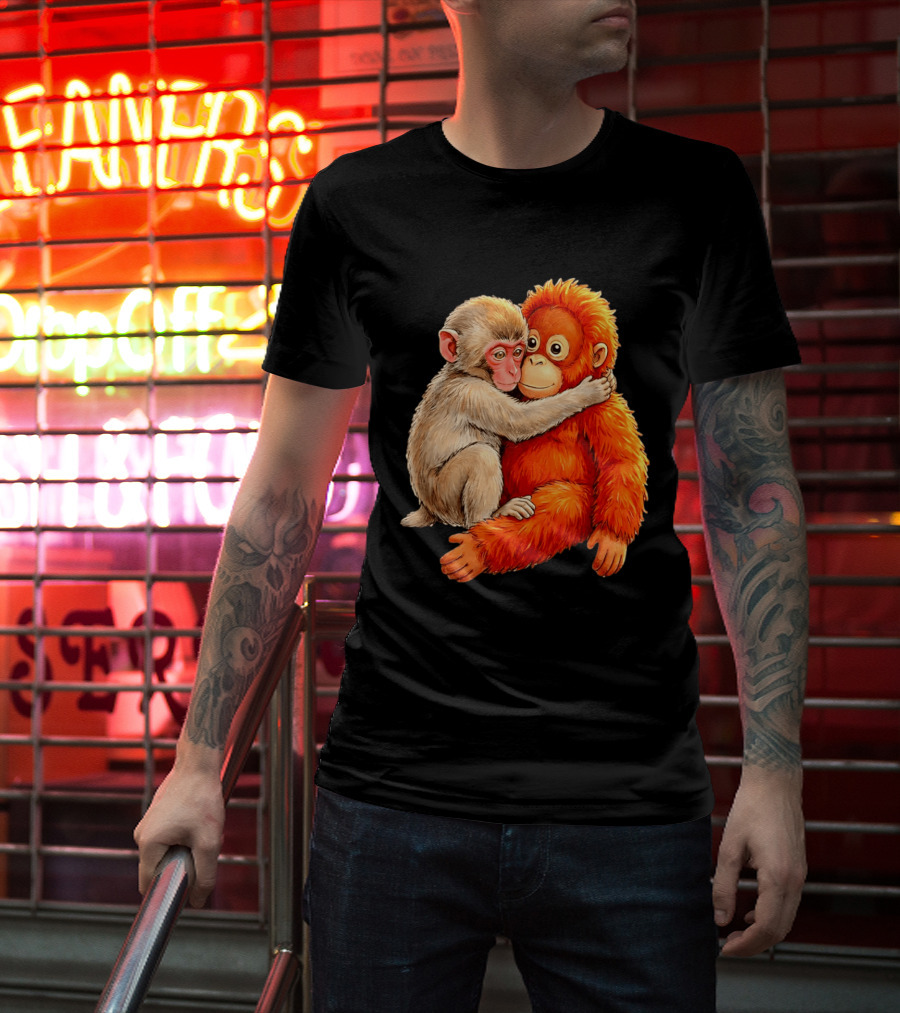 Baby Macaque Hugging Punch Monkey T-Shirt