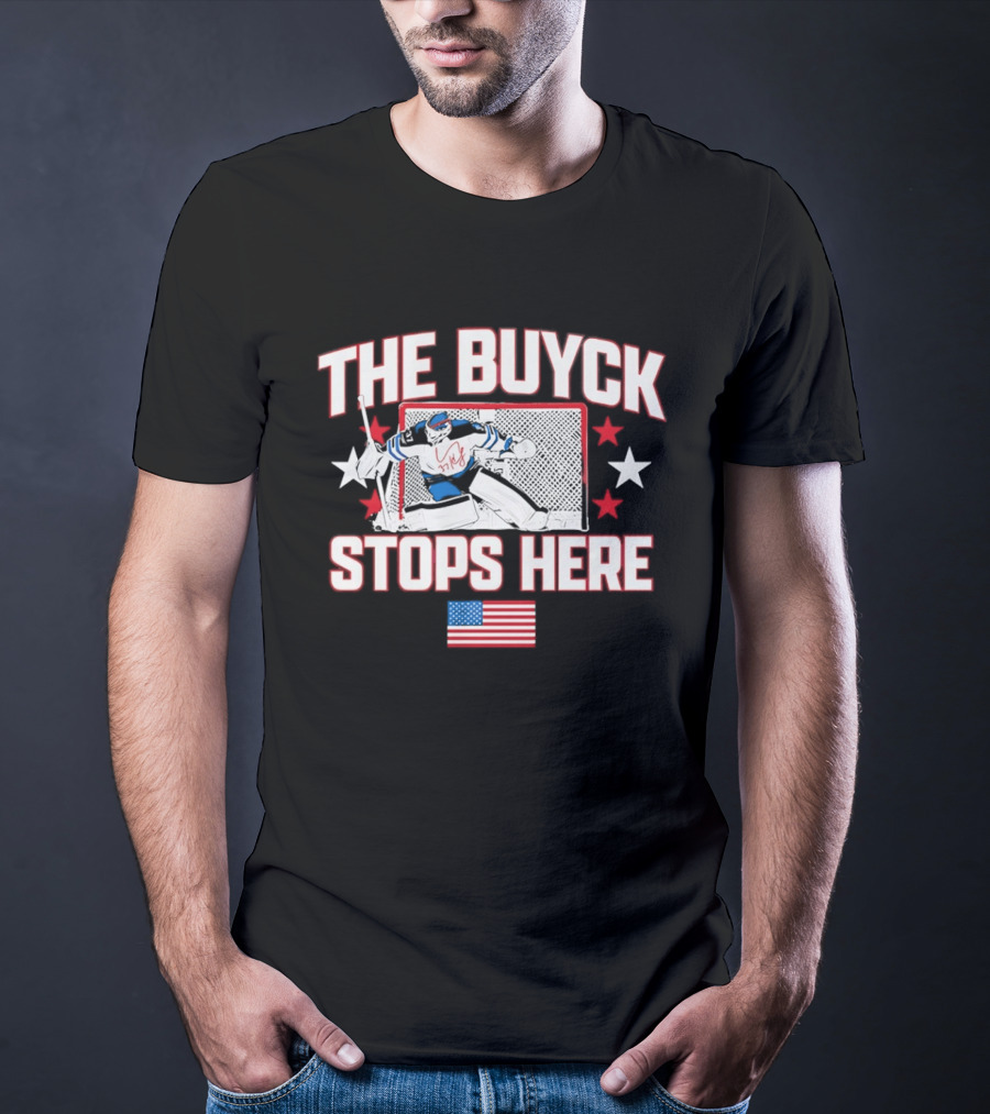 The Buyck Stops Here Winnipeg Jets Hockey Goalie USA Flag Stars T-Shirt