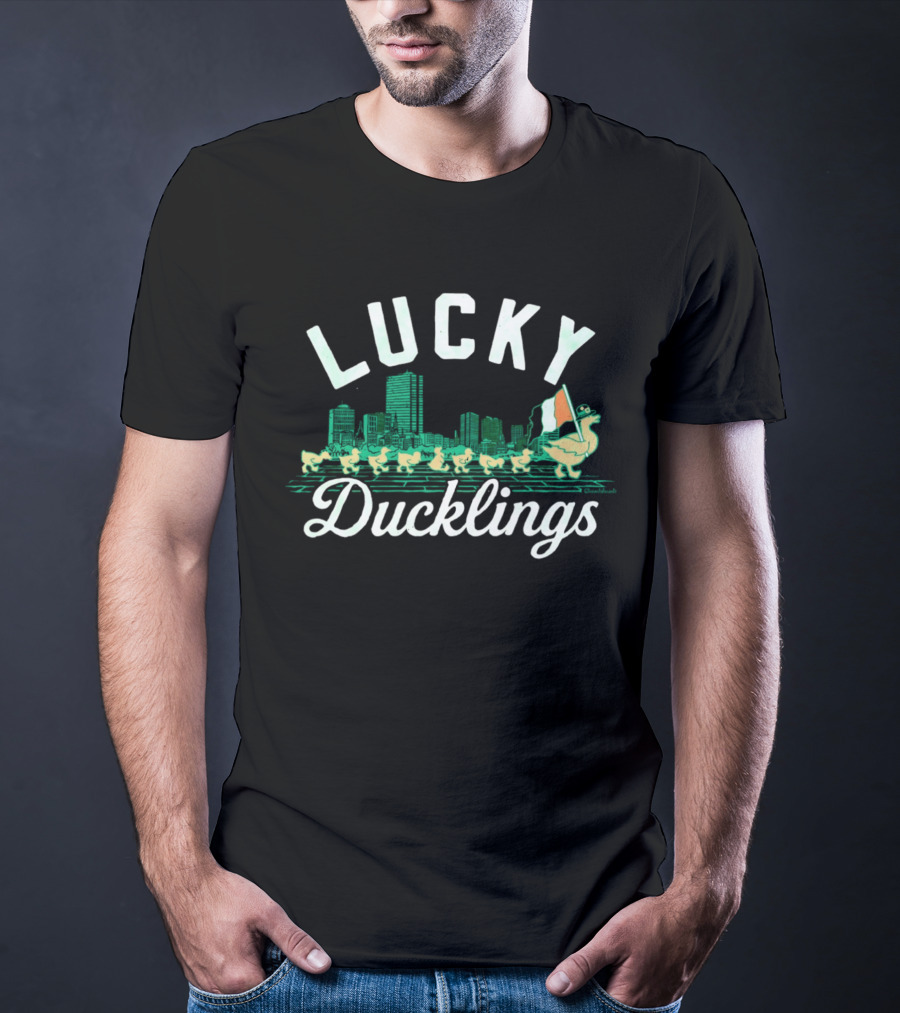 Boston Lucky Ducklings Irish Flag St Patrick's Day Skyline T-Shirt