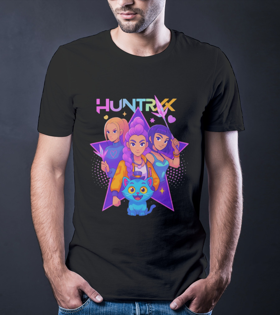 Huntrx Anime All Characters Vibrant Magical Trio And Blue Cat With Crystal Stars T-Shirt