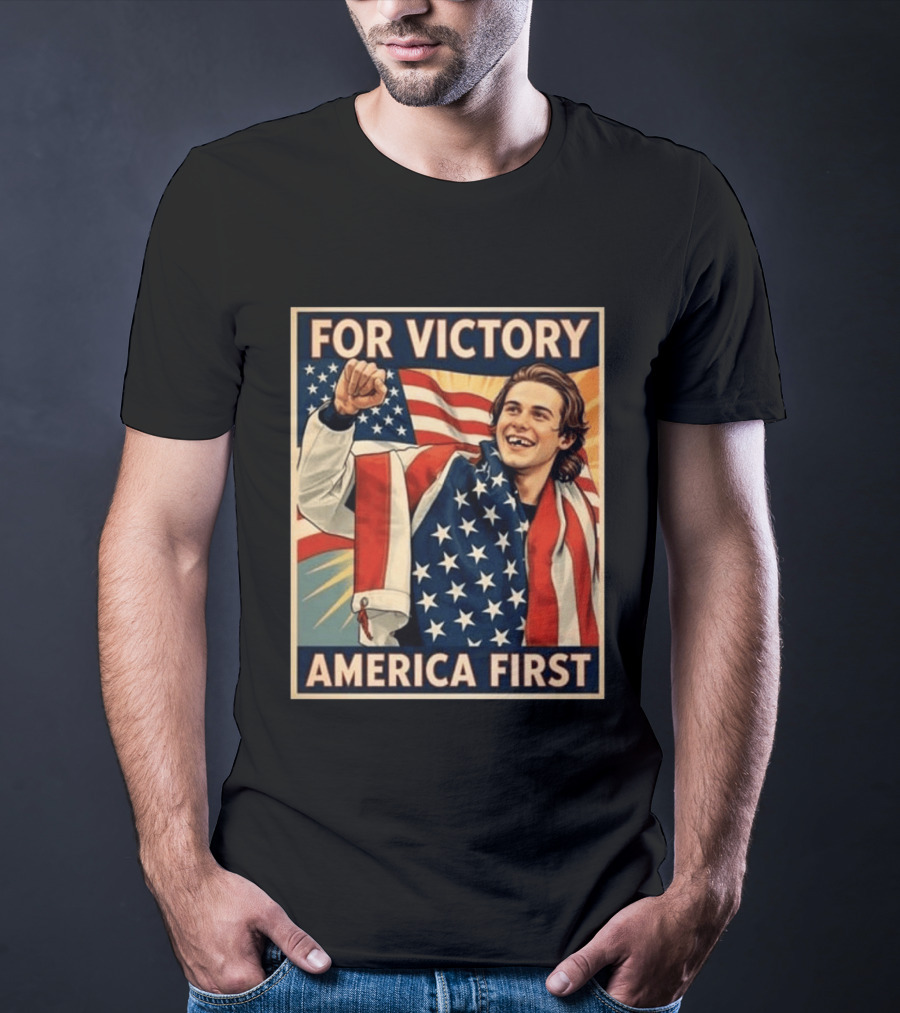 For Victory America First Patriotic Jack Hughes Victory Pose T-Shirt