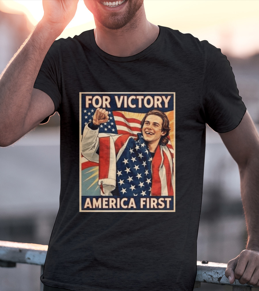 For Victory America First Patriotic Jack Hughes Victory Pose T-Shirt