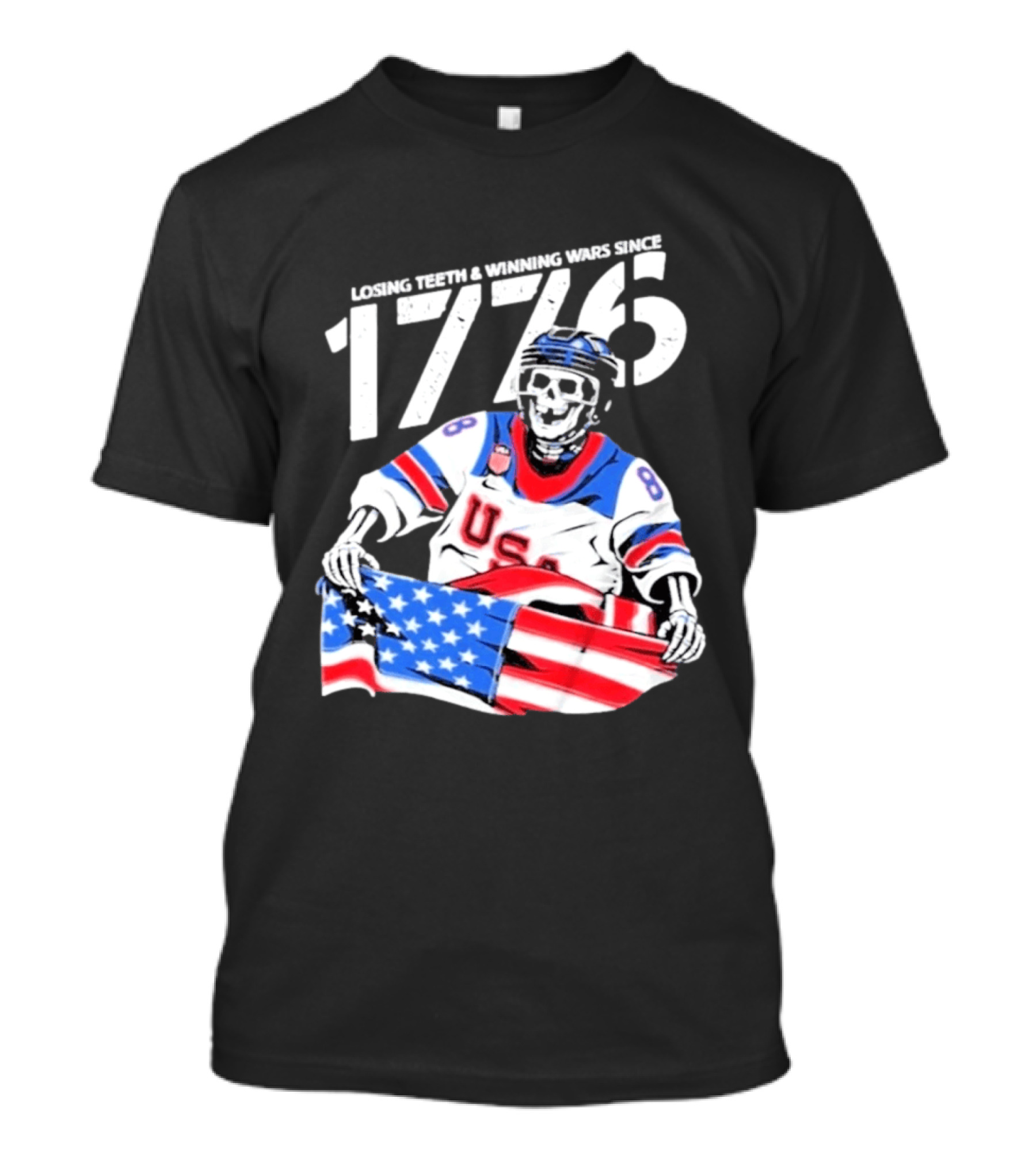 Losing Teeth Winning Wars Since 1776 USA Hockey Skeleton American Flag T-Shirt