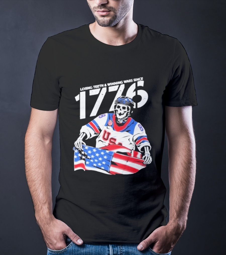 Losing Teeth Winning Wars Since 1776 USA Hockey Skeleton American Flag T-Shirt