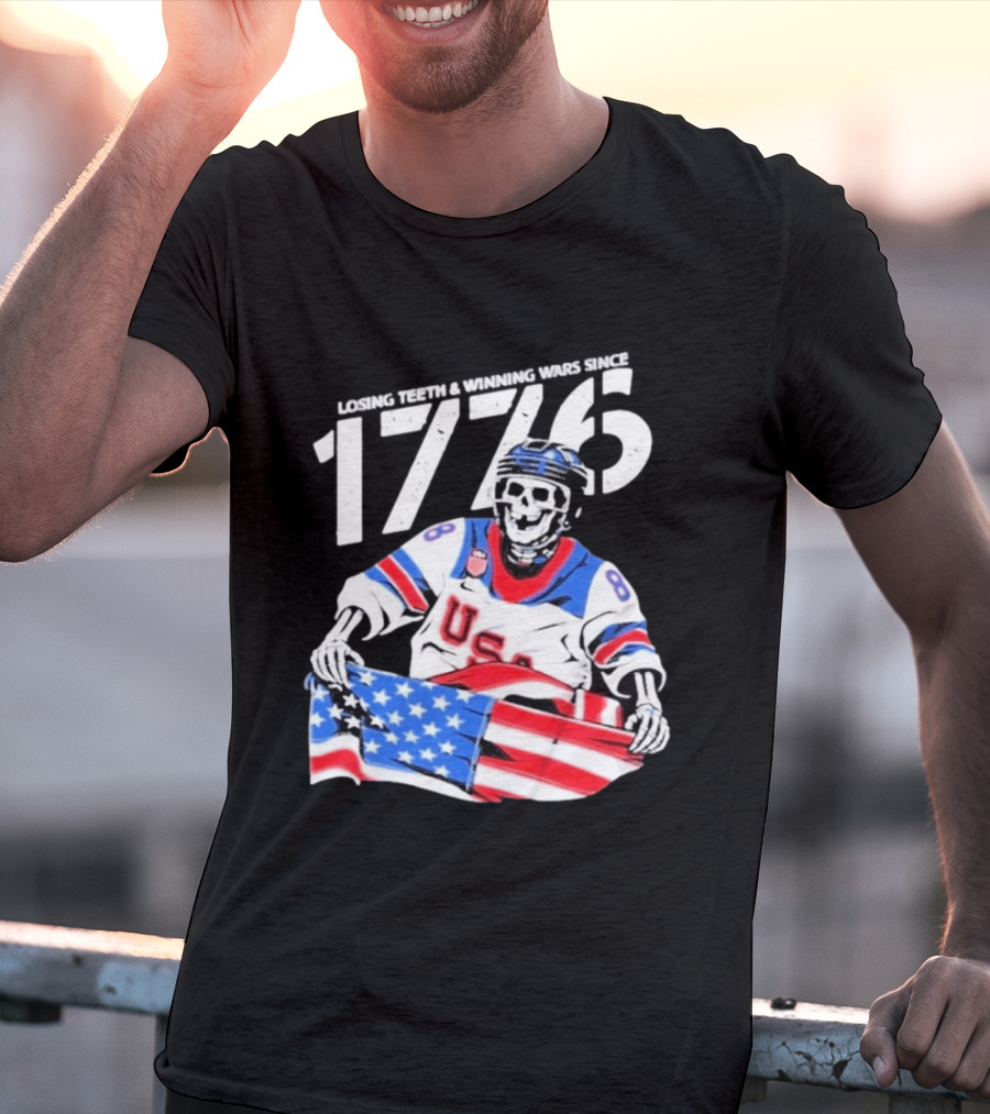 Losing Teeth Winning Wars Since 1776 USA Hockey Skeleton American Flag T-Shirt