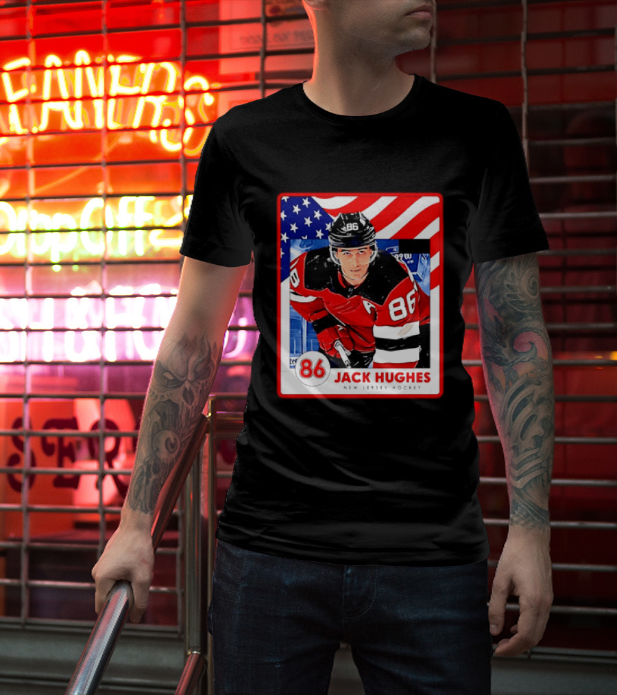 Jack Hughes 86 New Jersey Hockey American Flag T-Shirt