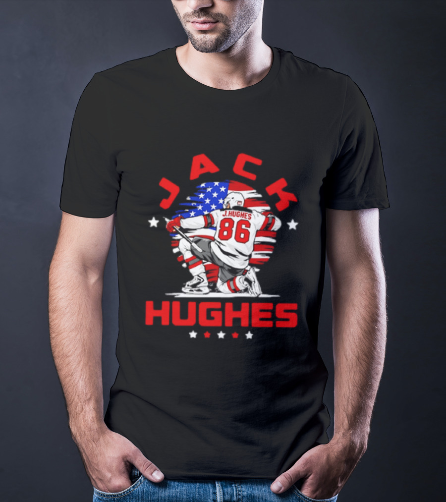 Jack Hughes 86 New Jersey Devils USA Flag Celebration T-Shirt