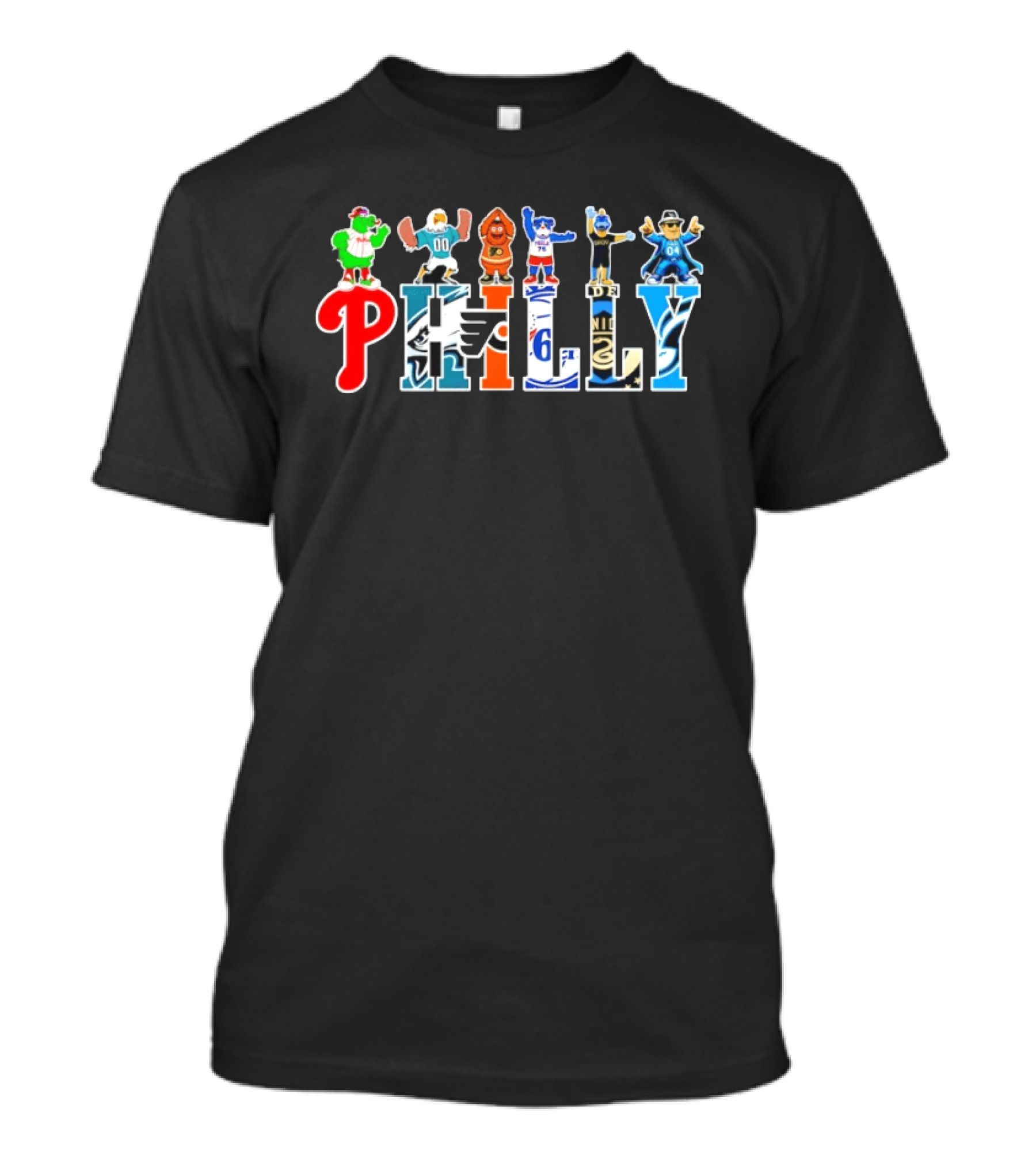Philadelphia Phillies Eagles Flyers 76ers Philly Sports Team Characters T-Shirt