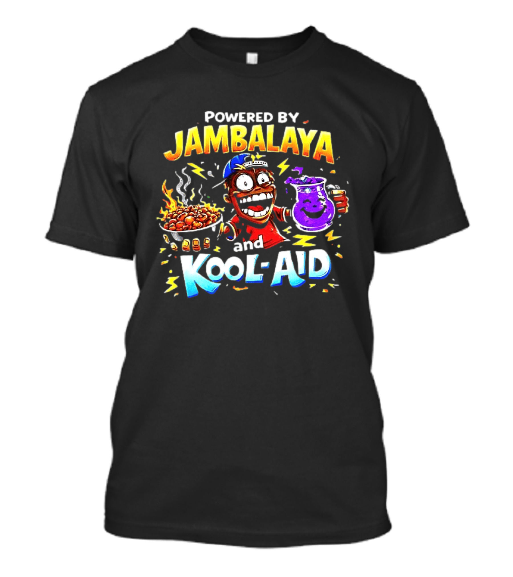 Powered By Jambalaya And Kool Aid Bold Colors Cartoon Character Fun T-Shirt