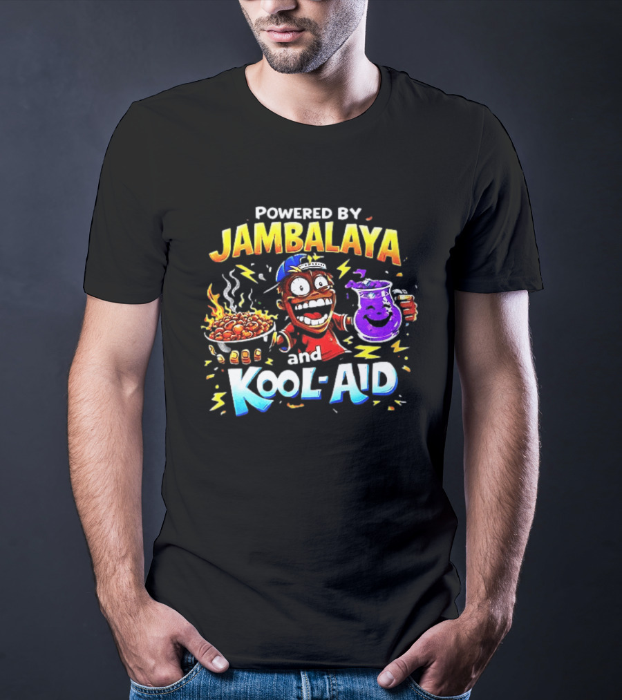 Powered By Jambalaya And Kool Aid Bold Colors Cartoon Character Fun T-Shirt