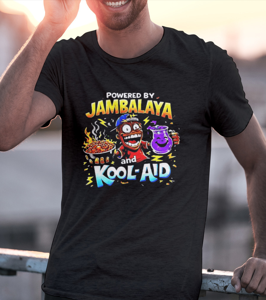 Powered By Jambalaya And Kool Aid Bold Colors Cartoon Character Fun T-Shirt