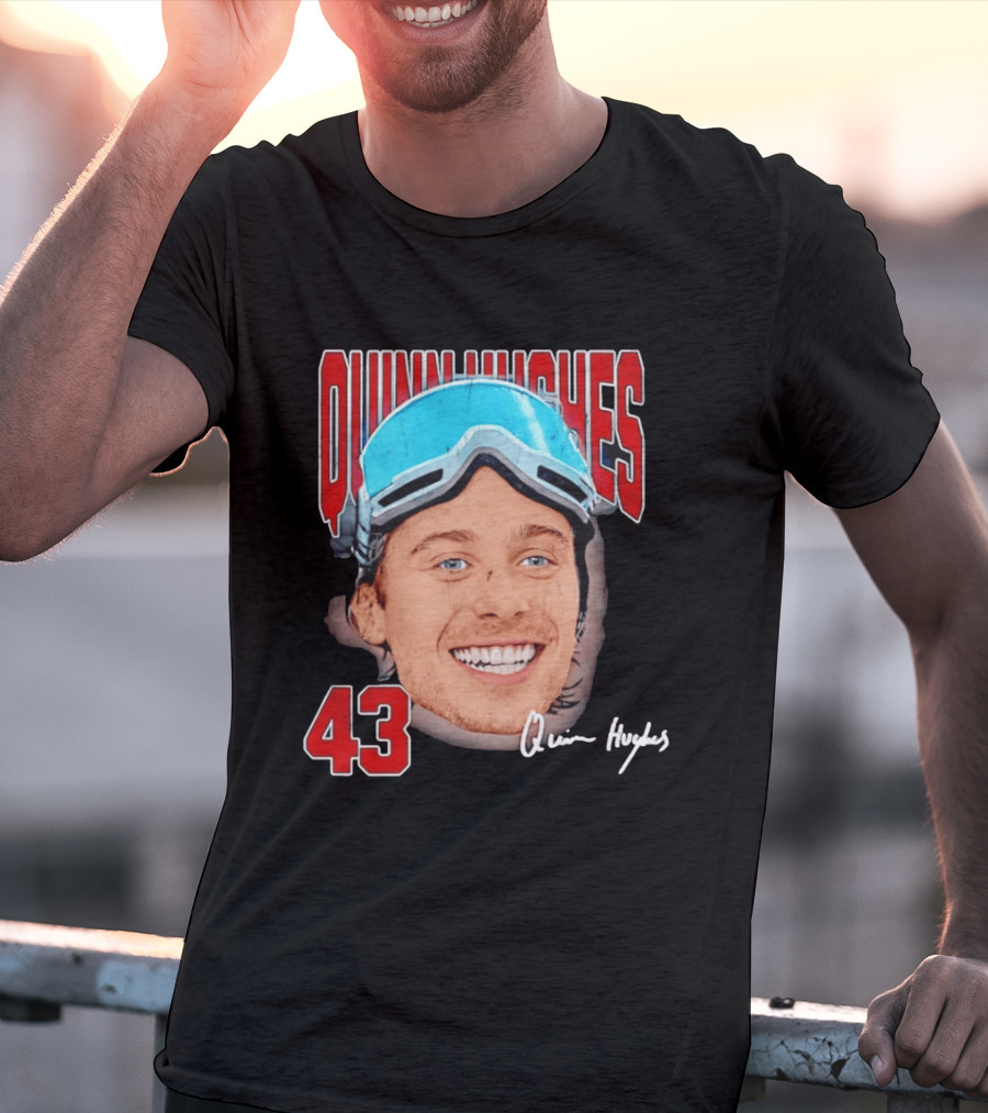 Quinn Hughes Big Head Goggles 43 Signature T-Shirt