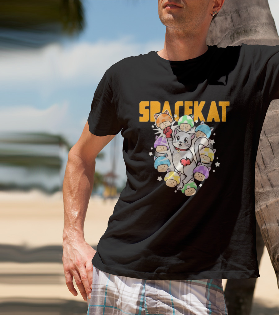 Spacekat Cat Surrounded By Colorful Mushroom Characters T-Shirt