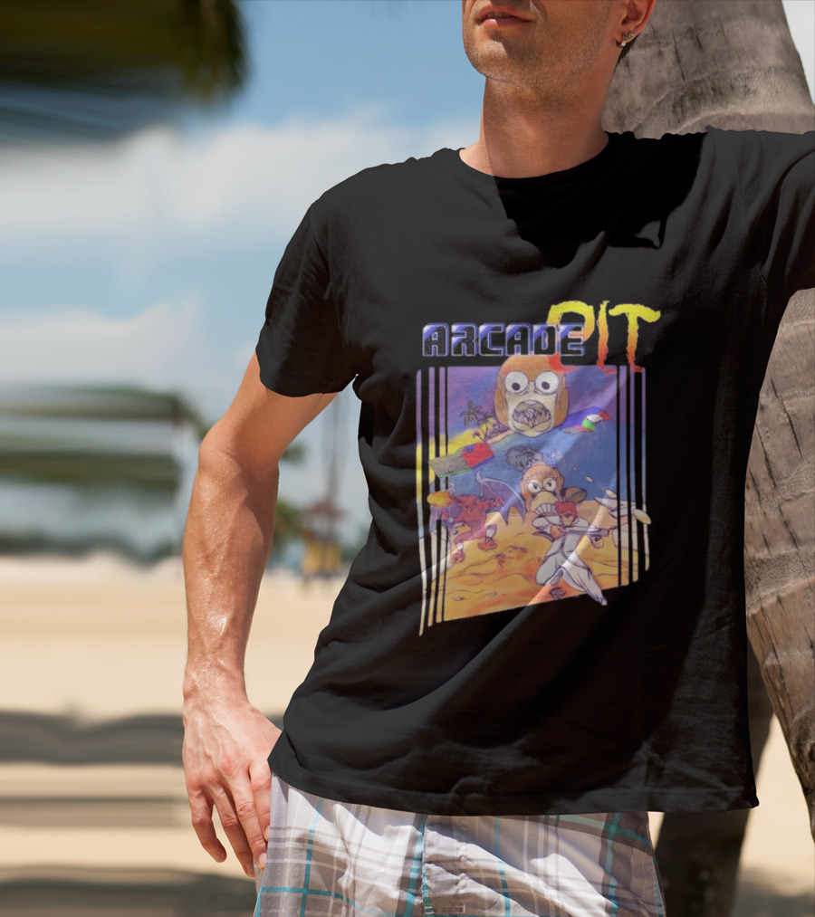 Arcade Pit Smight X Contra Characters And Cartoon Face Beach Scene T-Shirt