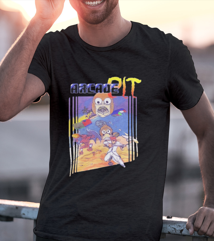 Arcade Pit Smight X Contra Characters And Cartoon Face Beach Scene T-Shirt