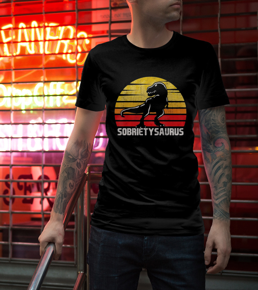Sober Sobrietysaurus Sobriety Anniversary Recovery Rex Sunset T-Shirt