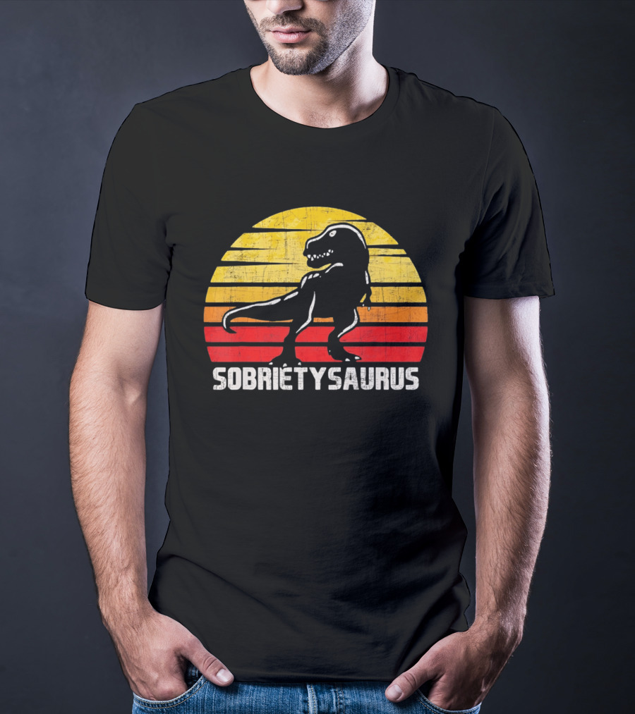 Sober Sobrietysaurus Sobriety Anniversary Recovery Rex Sunset T-Shirt