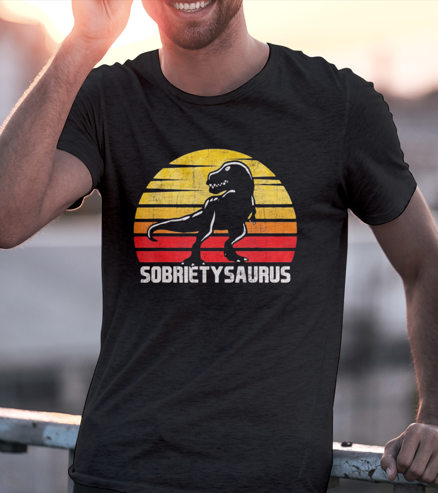 Sober Sobrietysaurus Sobriety Anniversary Recovery Rex Sunset T-Shirt