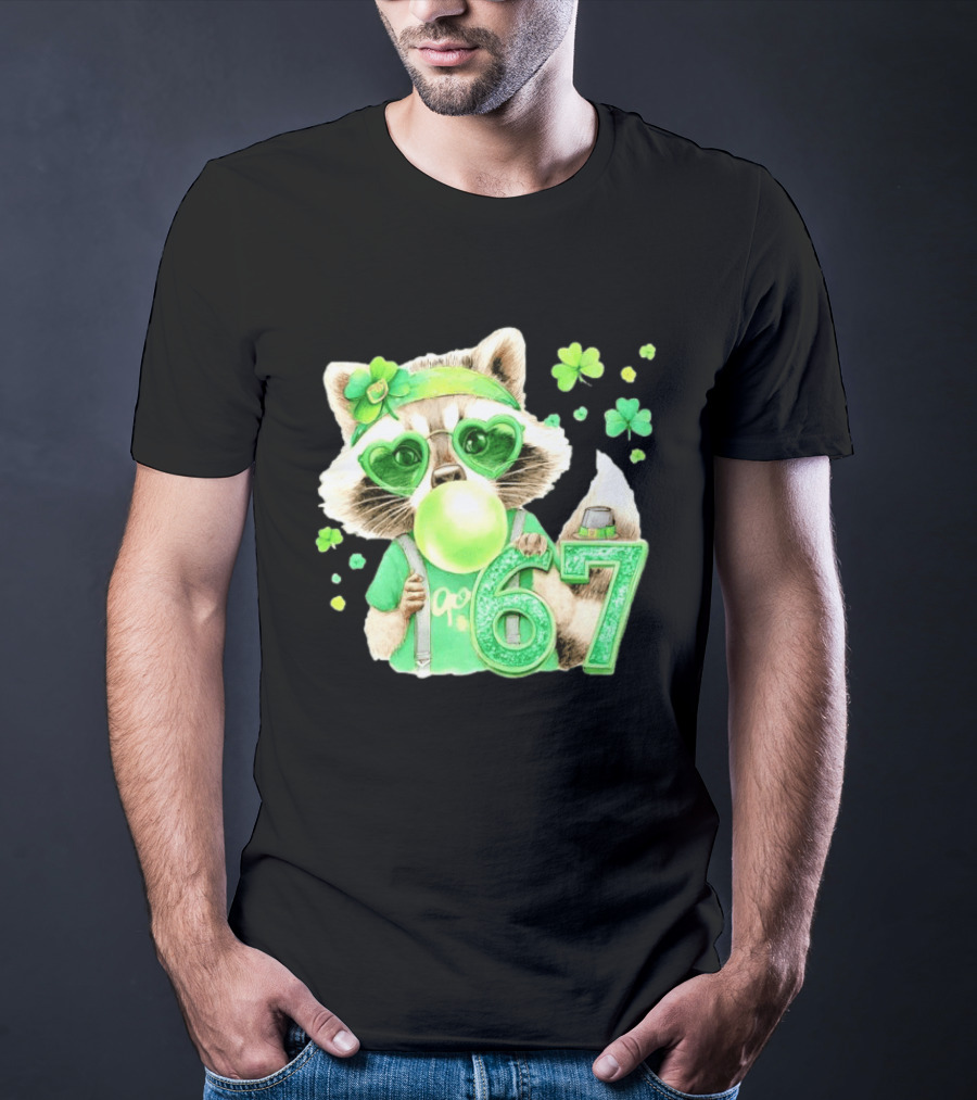St Patrick's Day Raccoon With Shamrock Heart Glasses And 67 Bubblegum T-Shirt