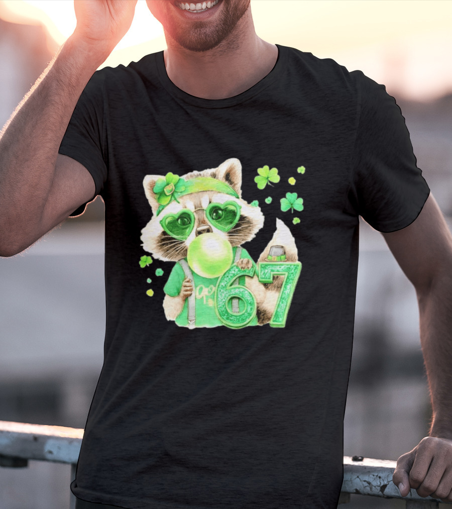 St Patrick's Day Raccoon With Shamrock Heart Glasses And 67 Bubblegum T-Shirt
