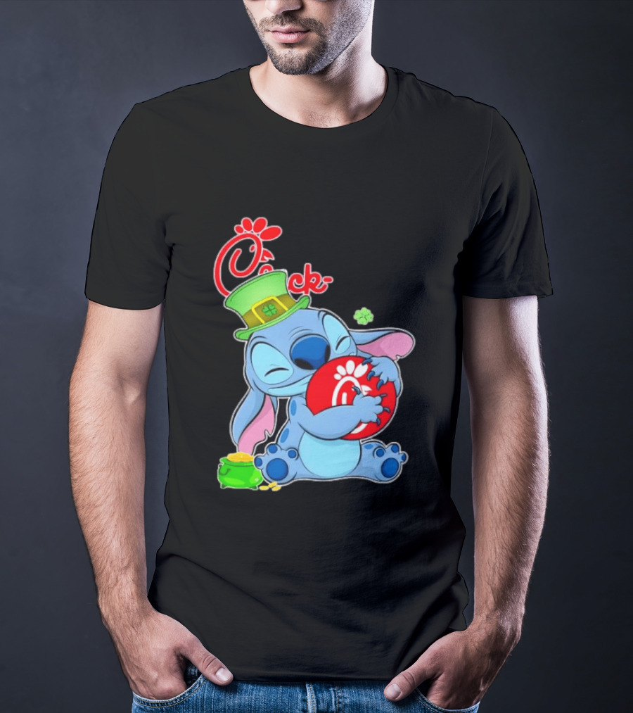 Stitch Holding Chick Fil A Logo With St. Patrick's Day Hat And Clover T-Shirt