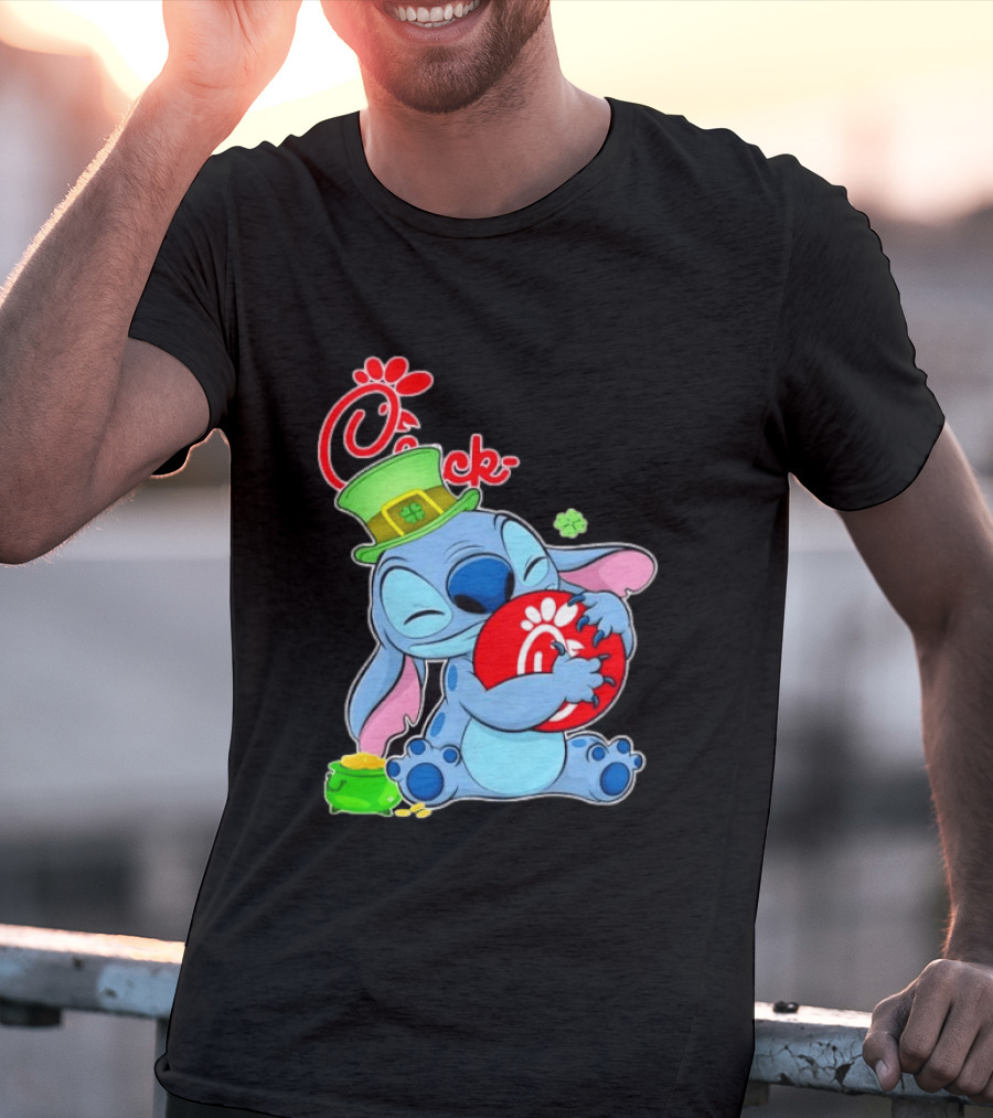Stitch Holding Chick Fil A Logo With St. Patrick's Day Hat And Clover T-Shirt