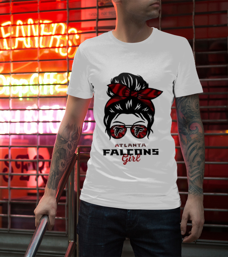 Atlanta Falcons Girl Messy Bun 2026 Bow Sunglasses T-Shirt