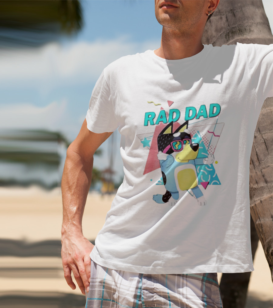 Blue Dog Rad Dad Retro Vibes With Sunglasses And Geometric T-Shirt