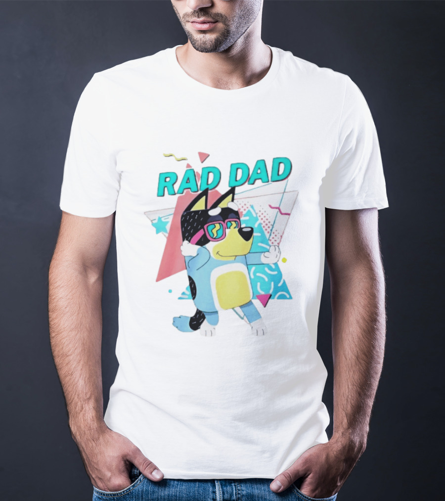Blue Dog Rad Dad Retro Vibes With Sunglasses And Geometric T-Shirt