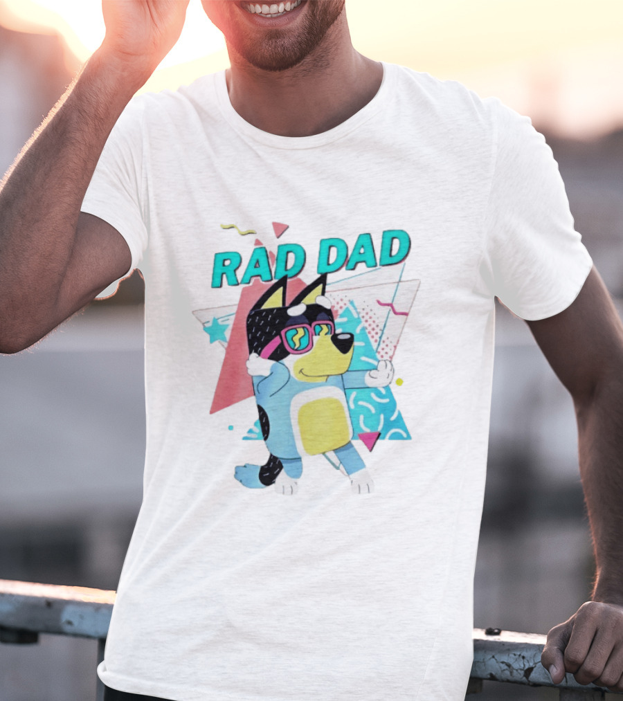 Blue Dog Rad Dad Retro Vibes With Sunglasses And Geometric T-Shirt