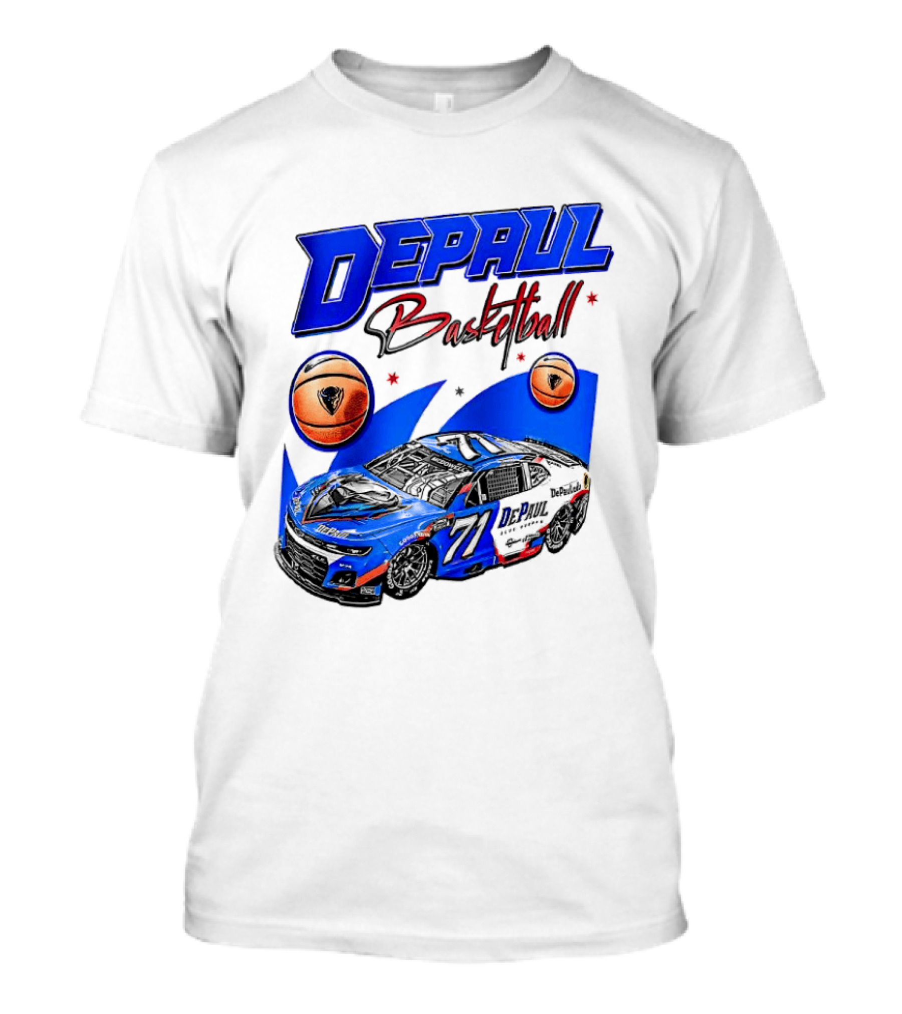 DePaul Basketball NASCAR Collaboration With Blue Race Car And Basketball T-Shirt