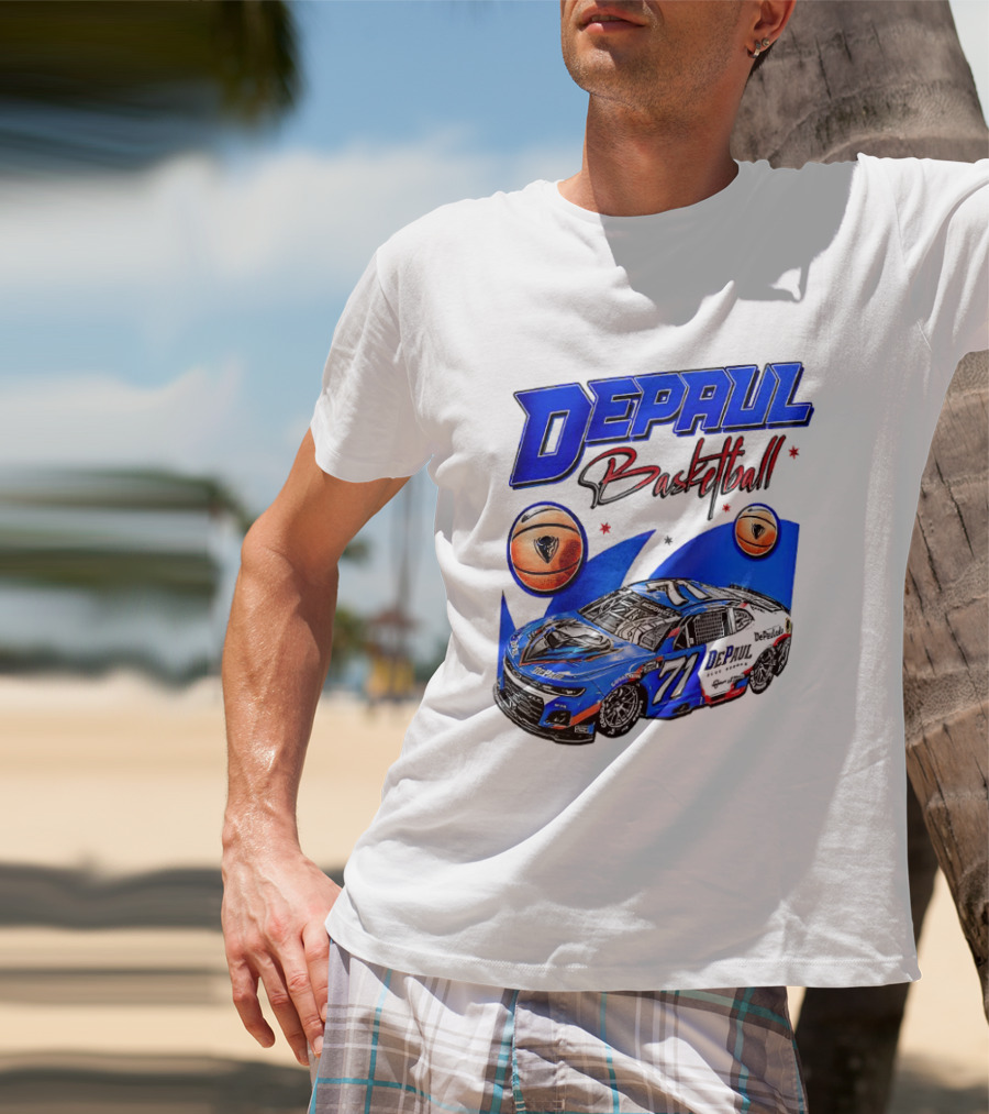 DePaul Basketball NASCAR Collaboration With Blue Race Car And Basketball T-Shirt