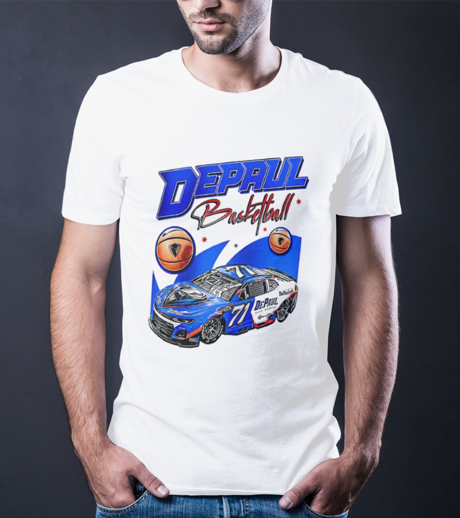 DePaul Basketball NASCAR Collaboration With Blue Race Car And Basketball T-Shirt