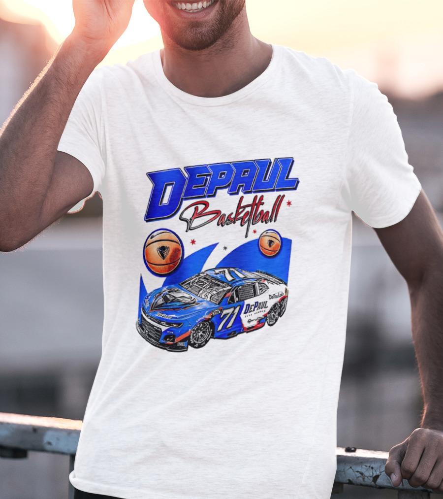 DePaul Basketball NASCAR Collaboration With Blue Race Car And Basketball T-Shirt