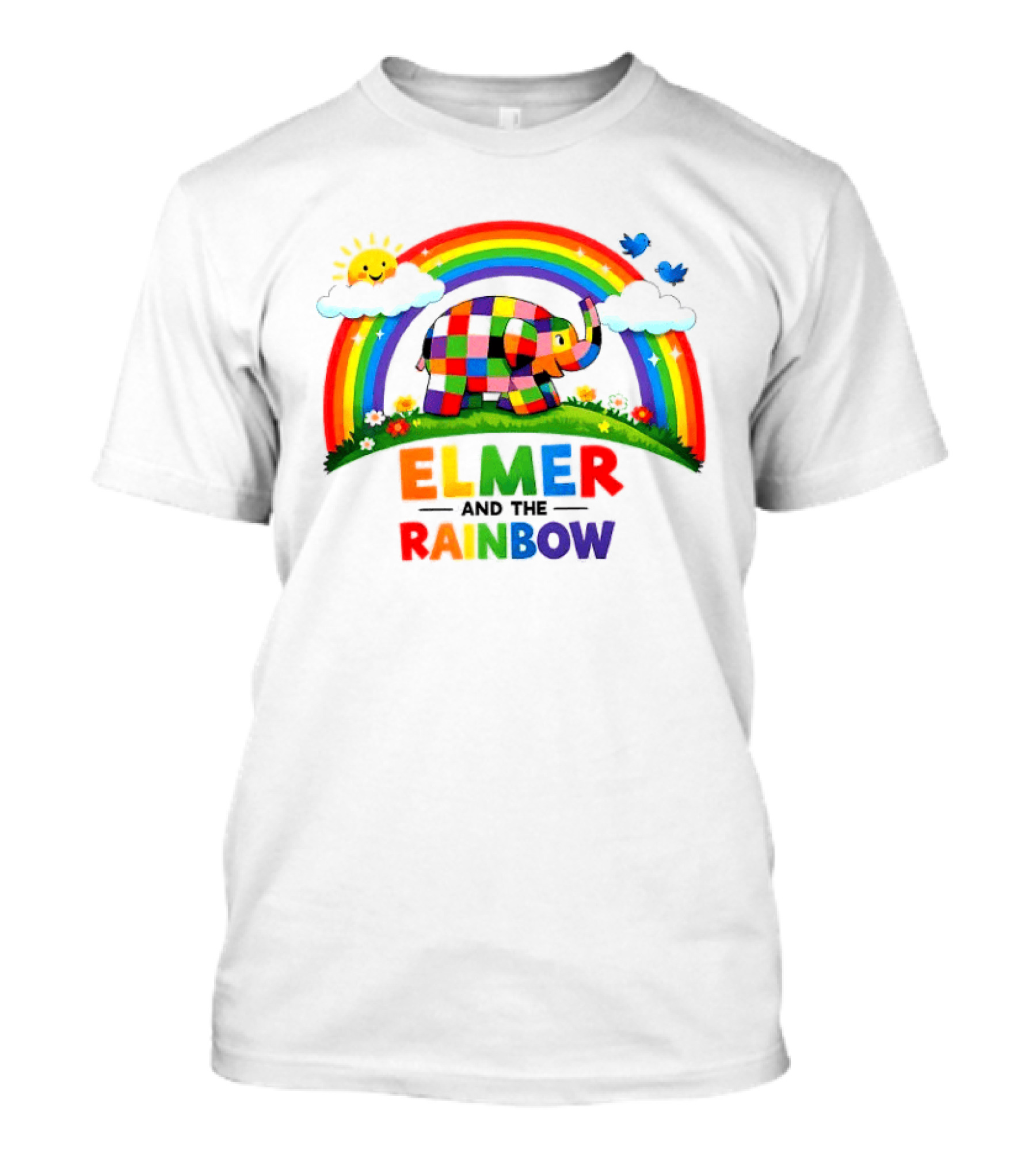 Elmer And The Rainbow Colorful Elephant With Sun And Birds T-Shirt