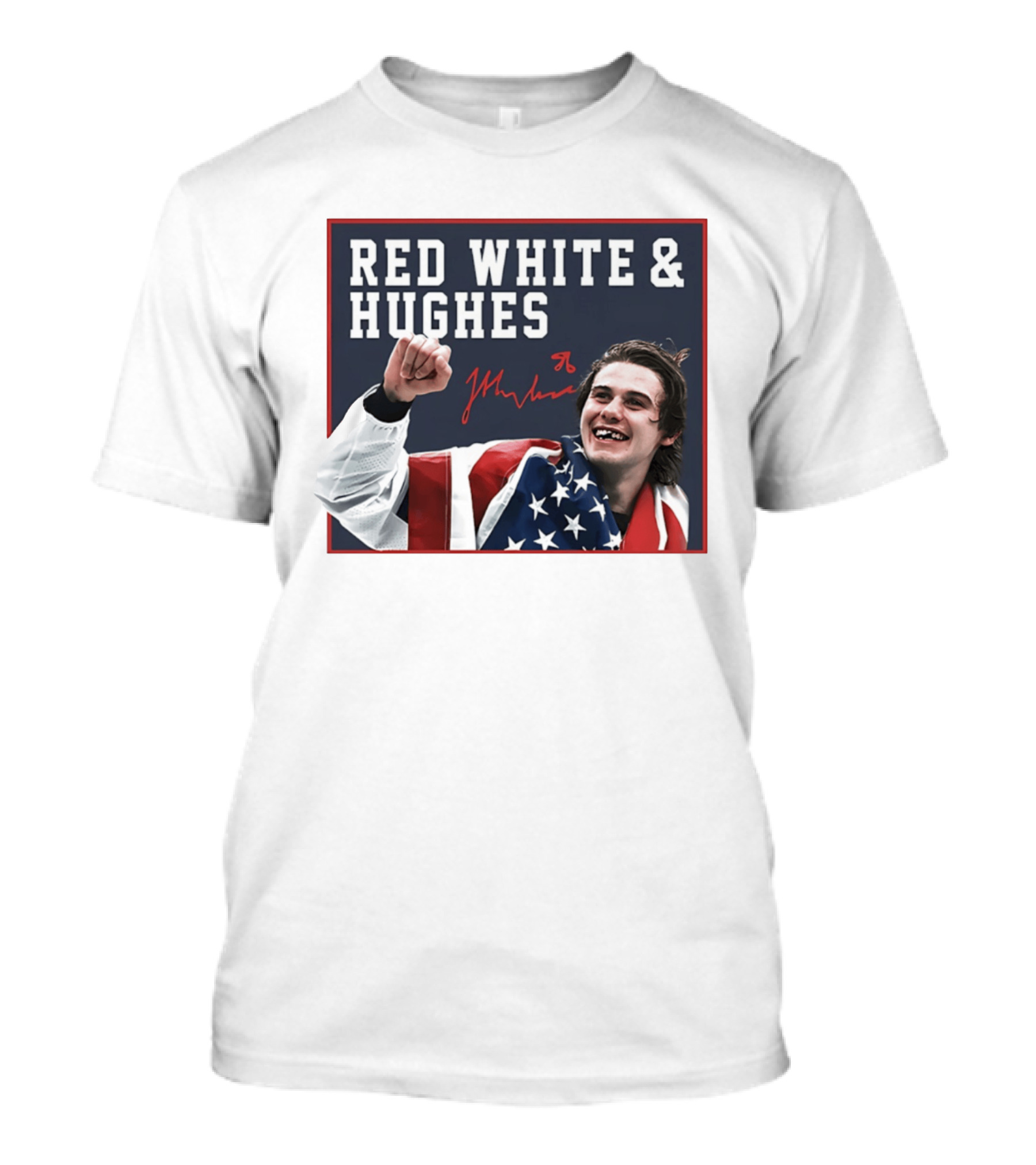 Red White & Hughes Jack Hughes USA Hockey 2026 Golden Goal T-Shirt