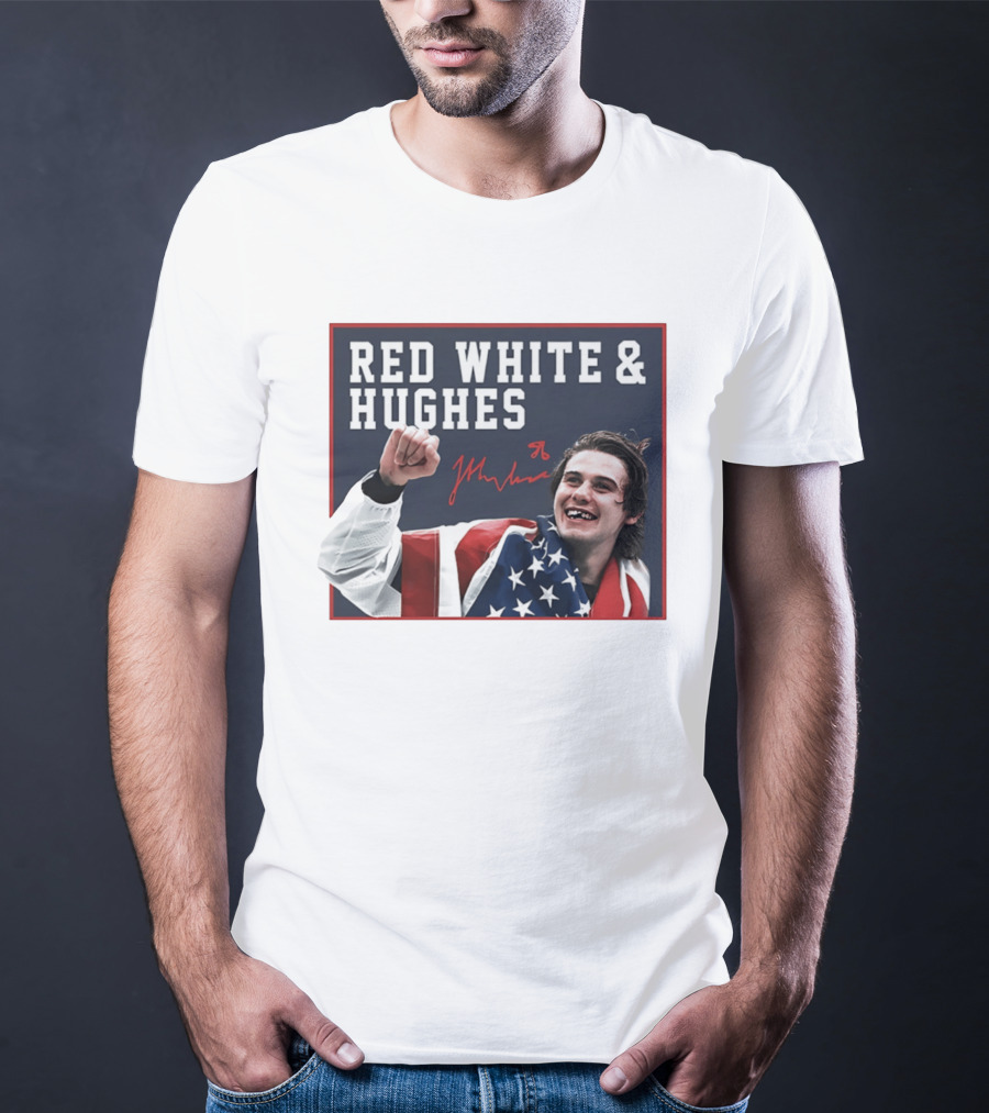 Red White & Hughes Jack Hughes USA Hockey 2026 Golden Goal T-Shirt