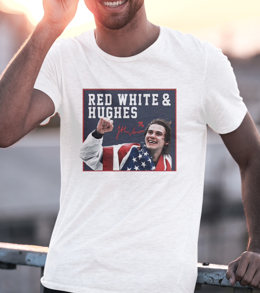 Red White & Hughes Jack Hughes USA Hockey 2026 Golden Goal T-Shirt