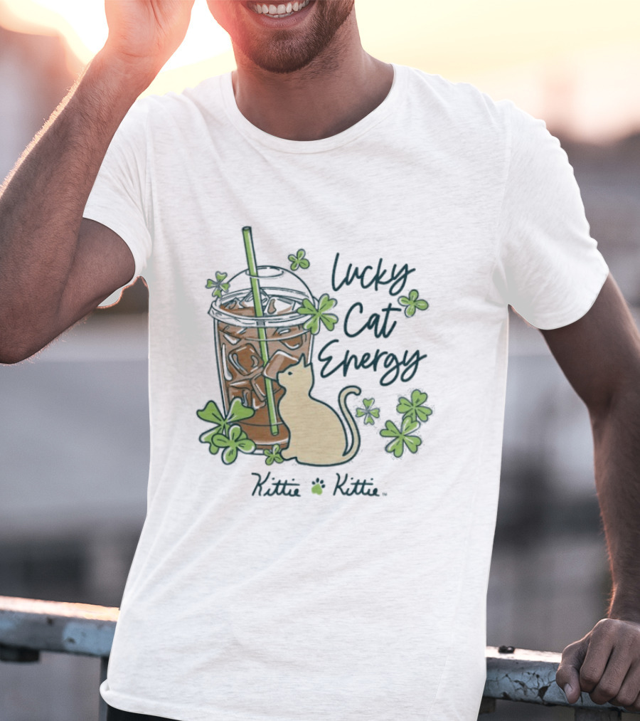 Lucky Cat Energy Kittie Kittie St. Patrick's Day Shamrock Iced Drink T-Shirt