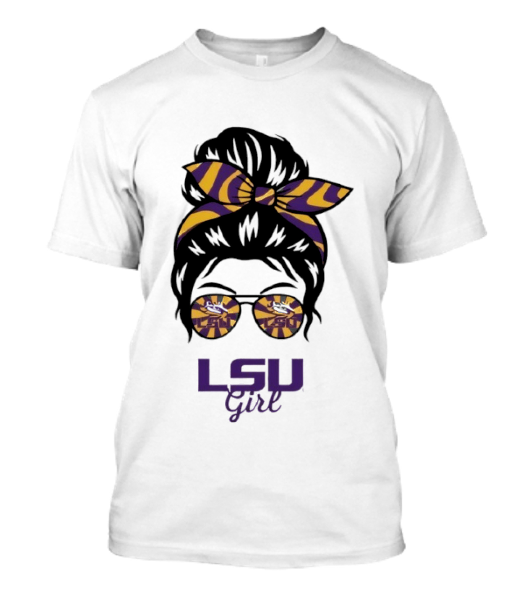 LSU Tigers Girl Purple Yellow Stripes Messy Bun Glasses T-Shirt