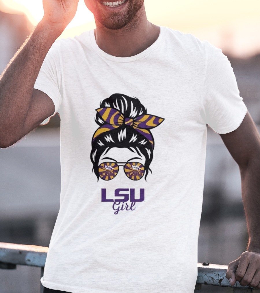 LSU Tigers Girl Purple Yellow Stripes Messy Bun Glasses T-Shirt