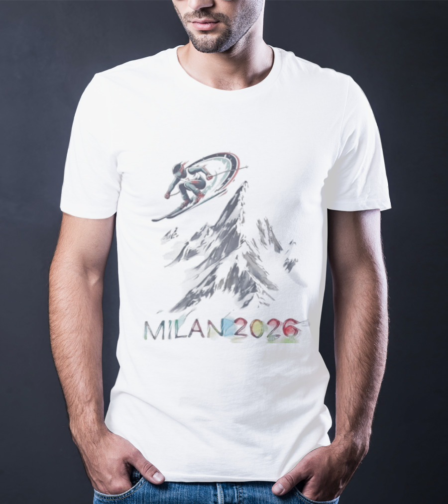 Milan 2026 Winter Olympic Ski And Snowboard Event With Colorful Rings T-Shirt