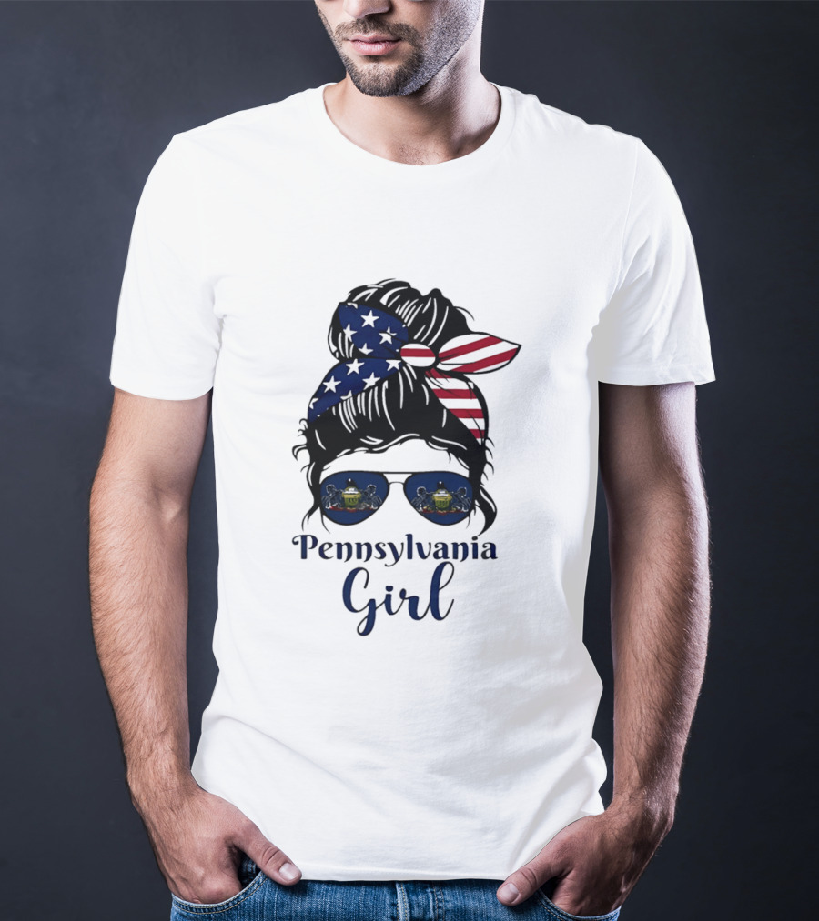 Pennsylvania Girl Messy Bun American Flag Bandana Sunglasses T-Shirt
