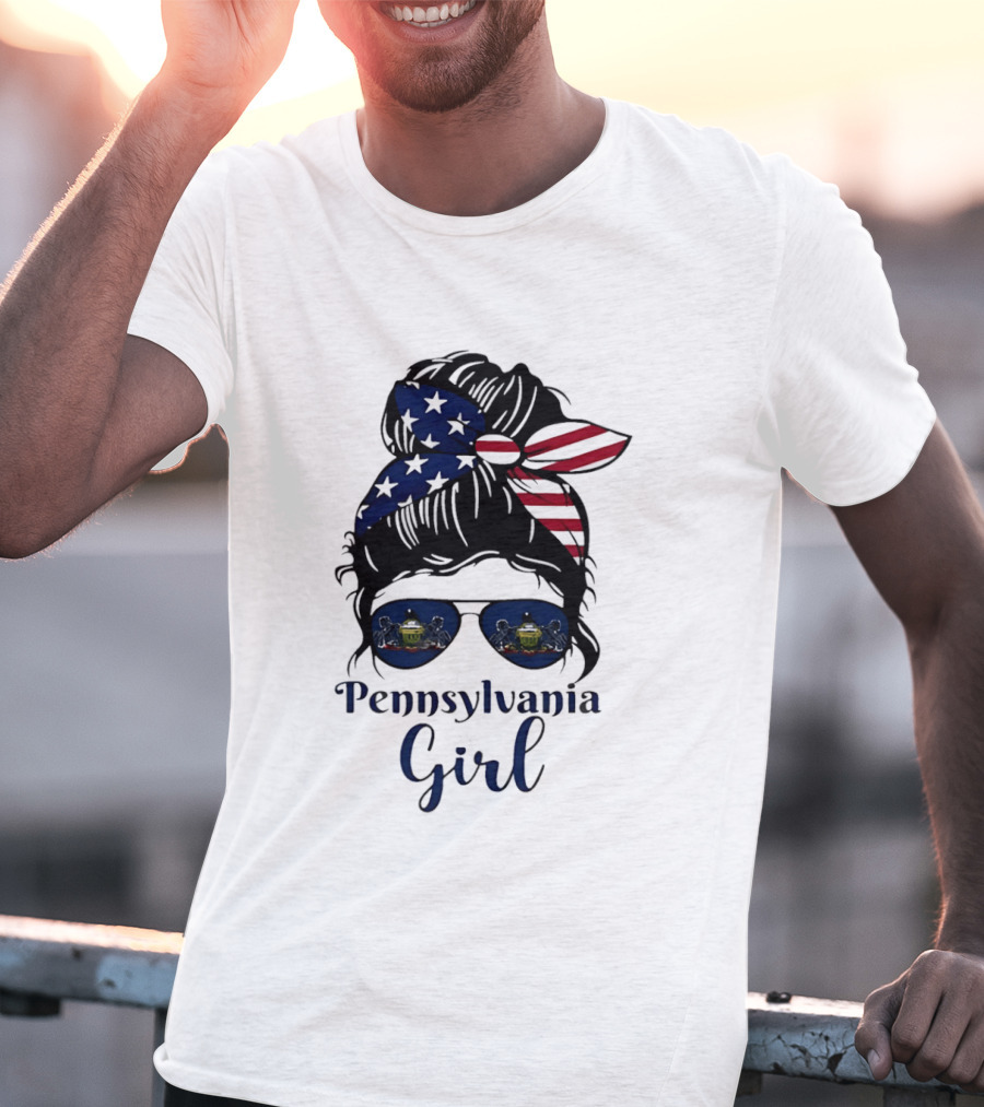 Pennsylvania Girl Messy Bun American Flag Bandana Sunglasses T-Shirt