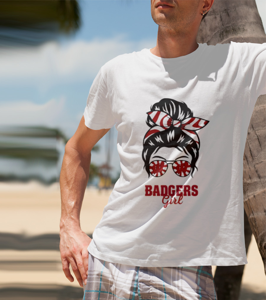 Wisconsin Badgers Girl Messy Bun Glasses Bow T-Shirt
