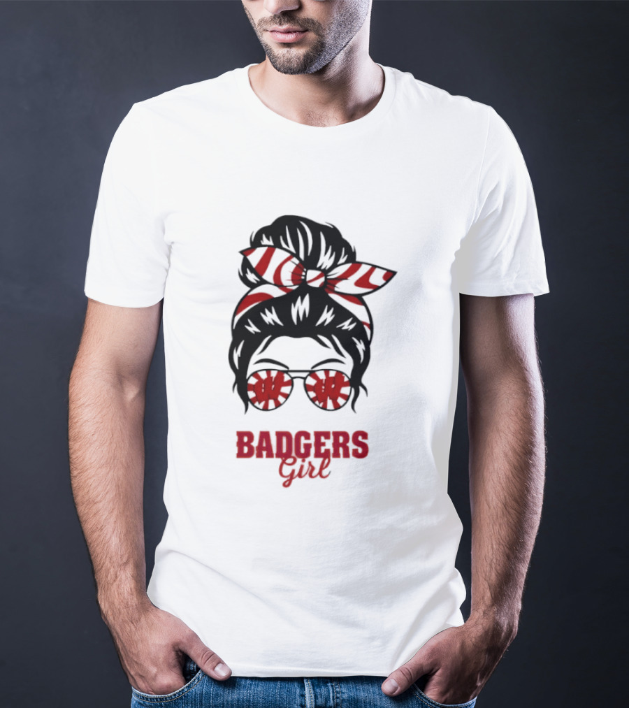 Wisconsin Badgers Girl Messy Bun Glasses Bow T-Shirt
