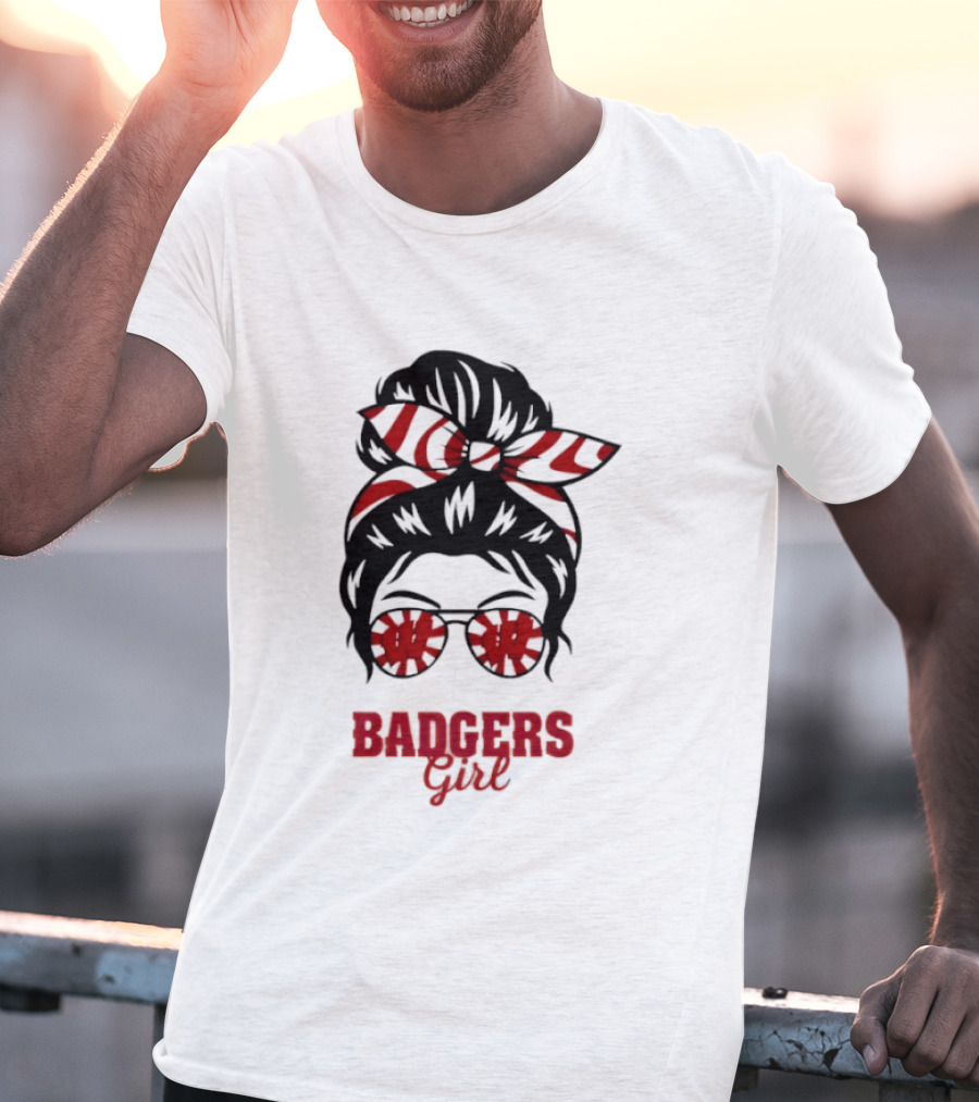 Wisconsin Badgers Girl Messy Bun Glasses Bow T-Shirt