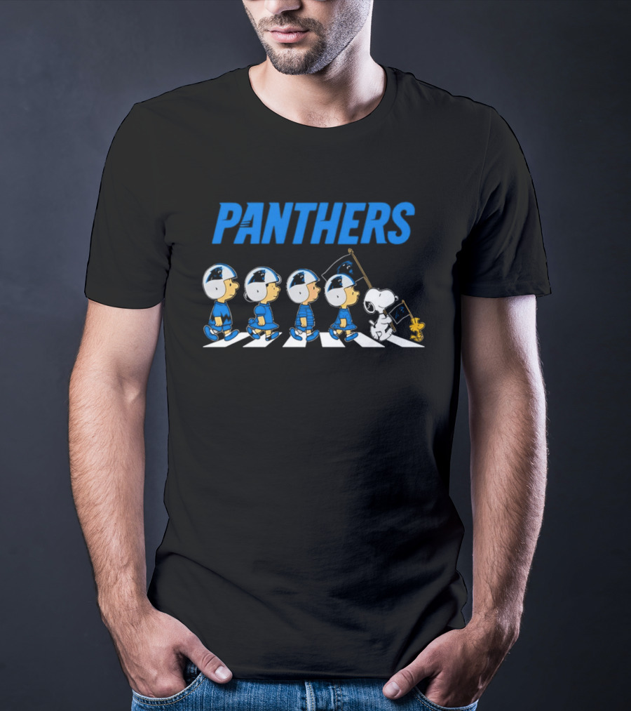 Peanuts Carolina Panthers Football Characters Walking With Flag T-Shirt