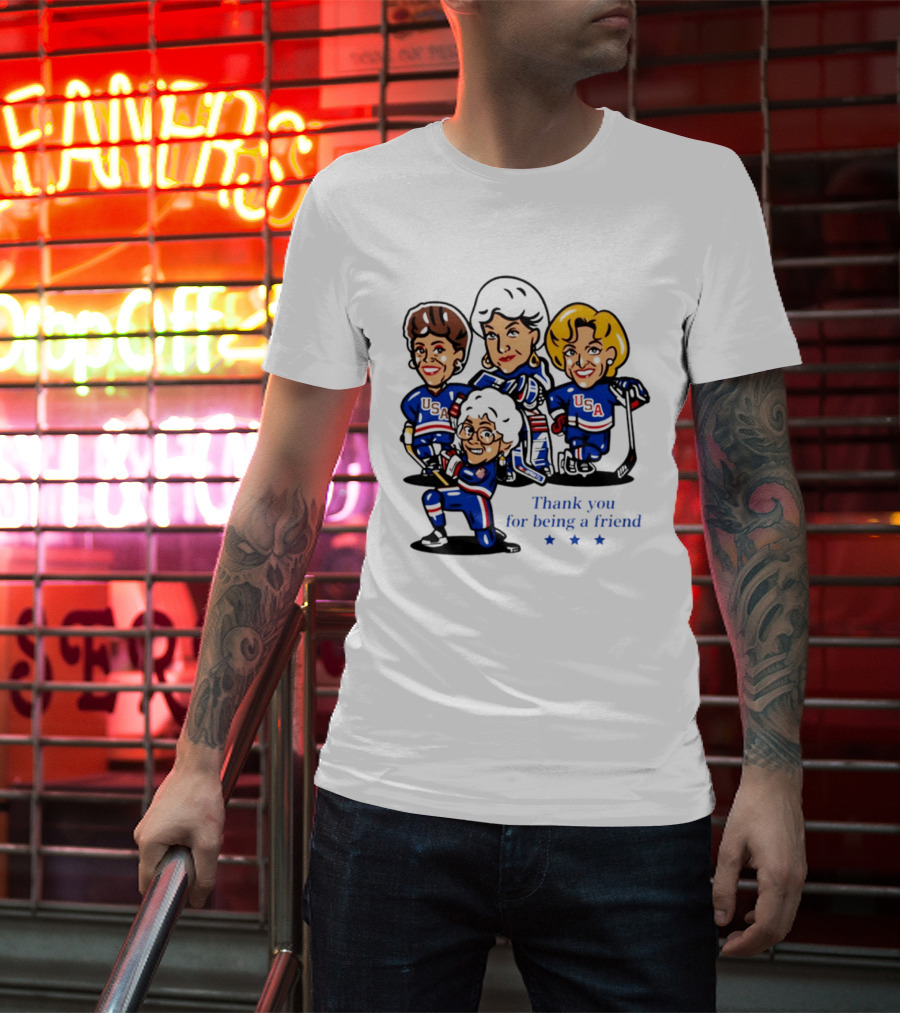 Golden USA Girls Hockey Thank You For Being A Friend Cartoon Characters T-Shirt